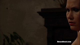 Topløs elskerinder skiftes til piskning og slave træning